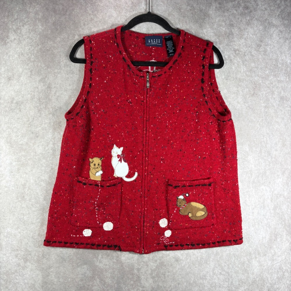 Crazy Horse Sweater Vest Women XL Red Cat Christmas Holiday Knit Full Zip Granny